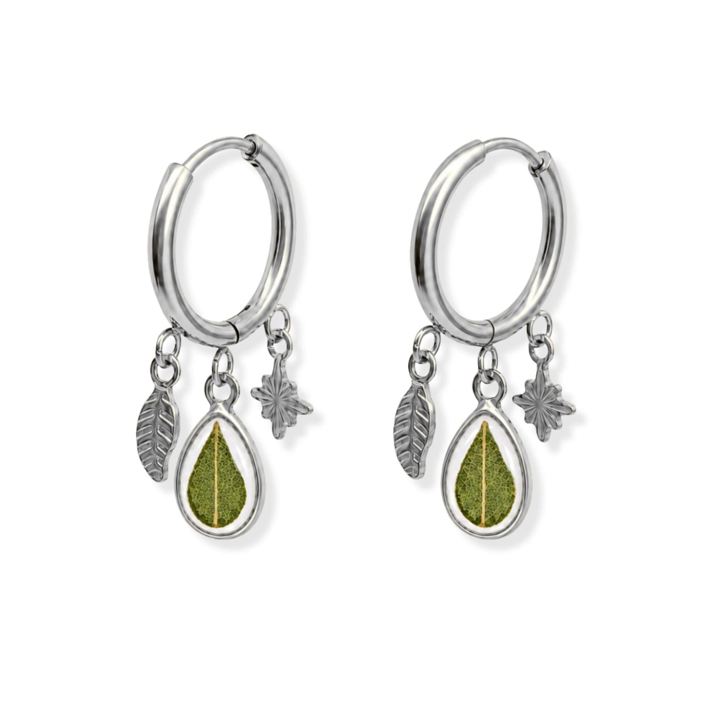 Eucalyptus Triple Charm Earrings Polished Steel