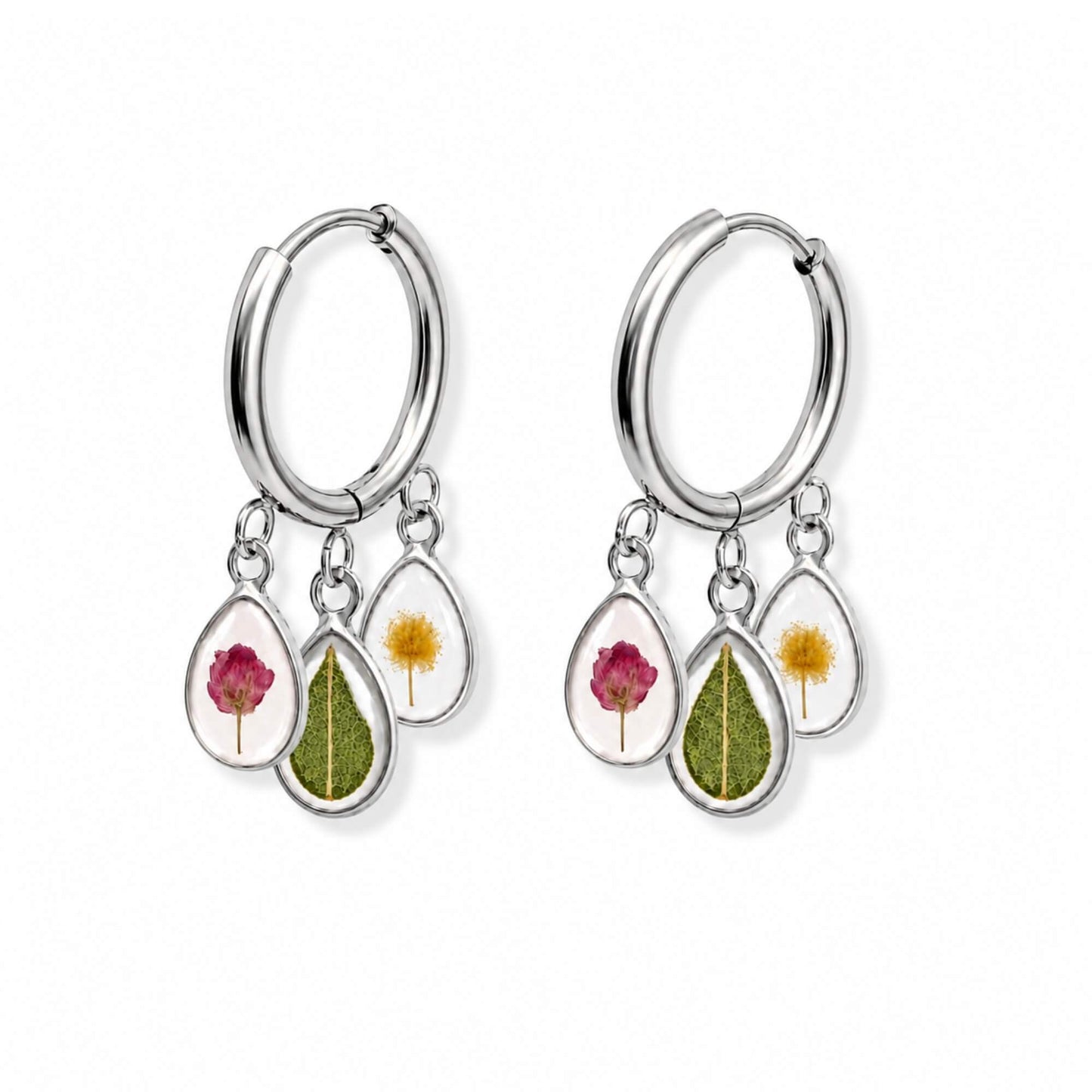 Triple Flower Charm Hoop Earrings Polished Steel