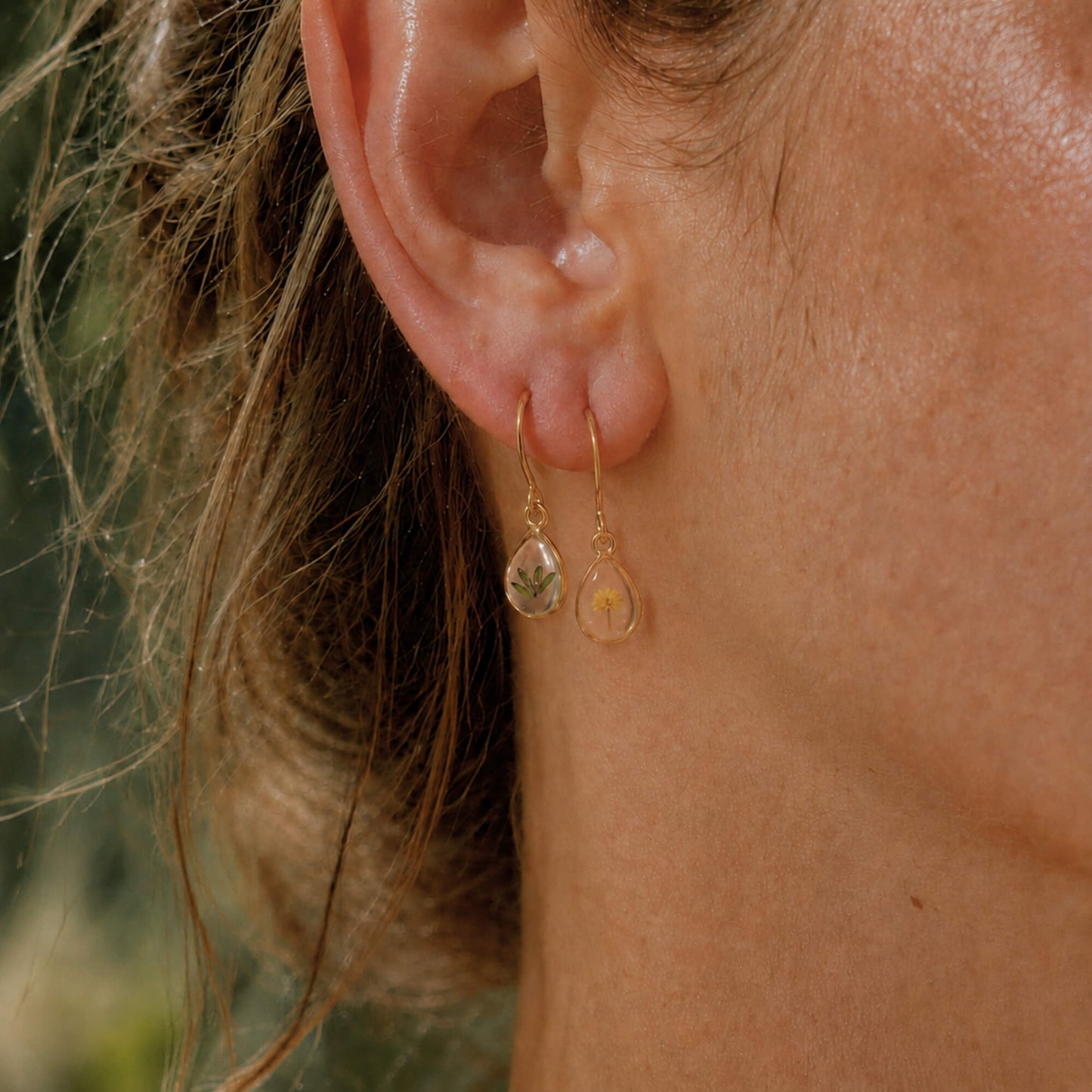 Wattle Flower & Leaf Drop Earrings 18k Gold
