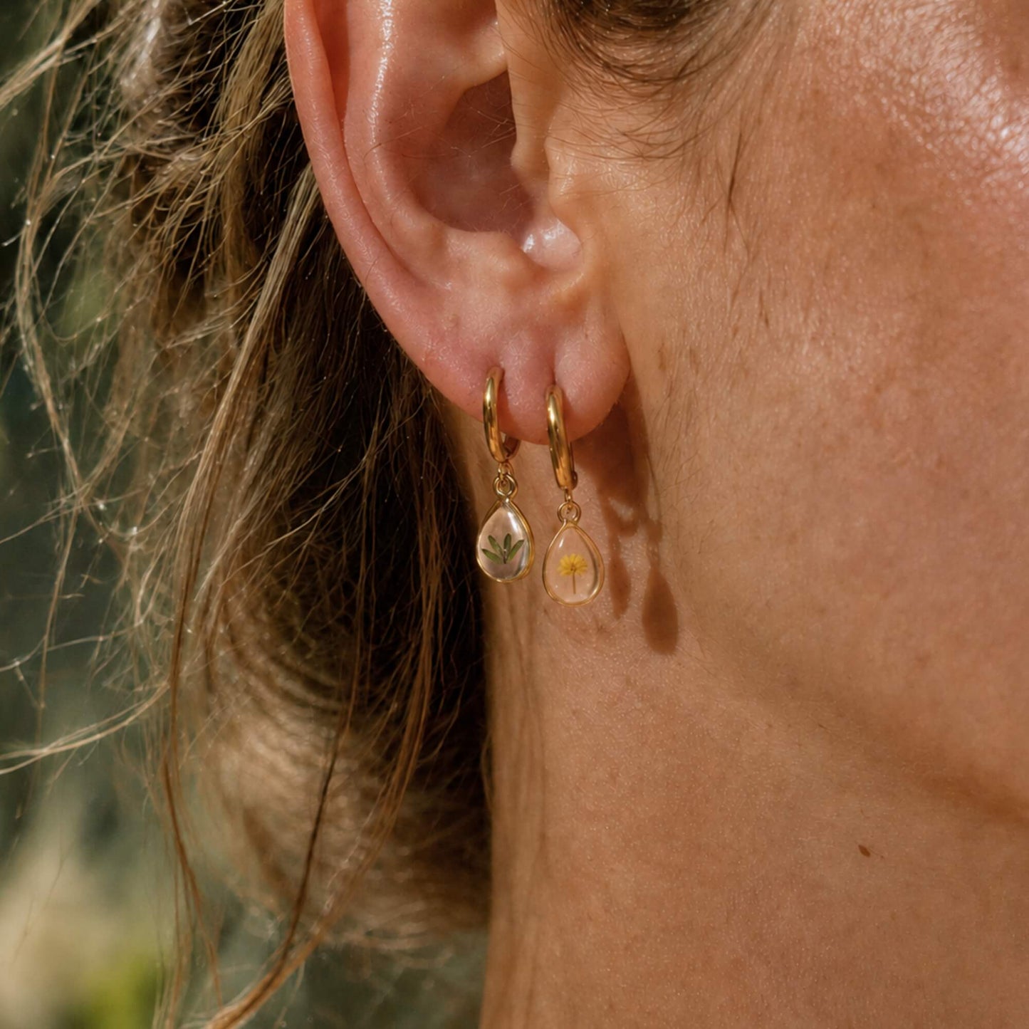 Wattle Flower & Leaf Hoop Earrings 18K Gold