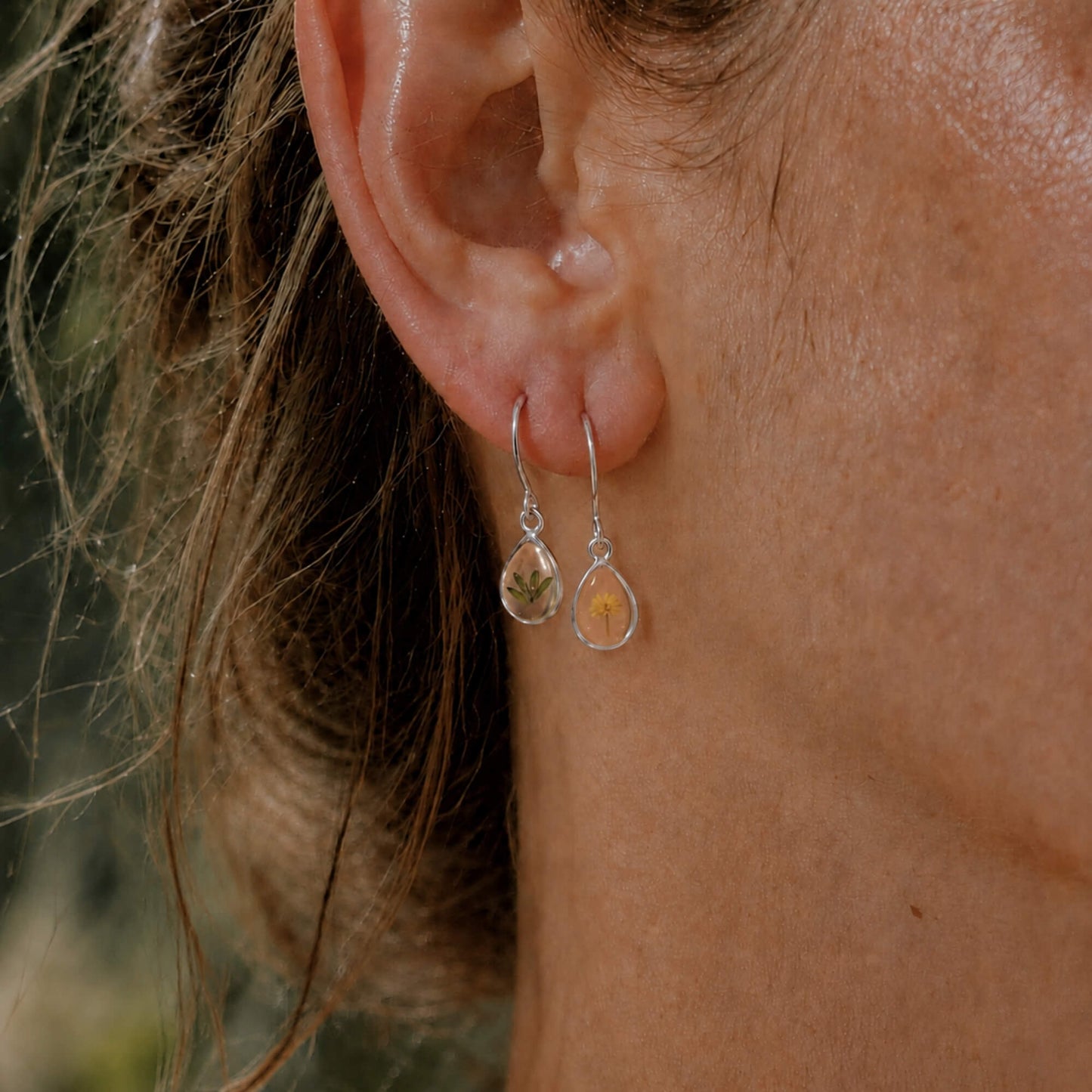 Wattle Flower & Leaf Drop Earrings Polished Steel