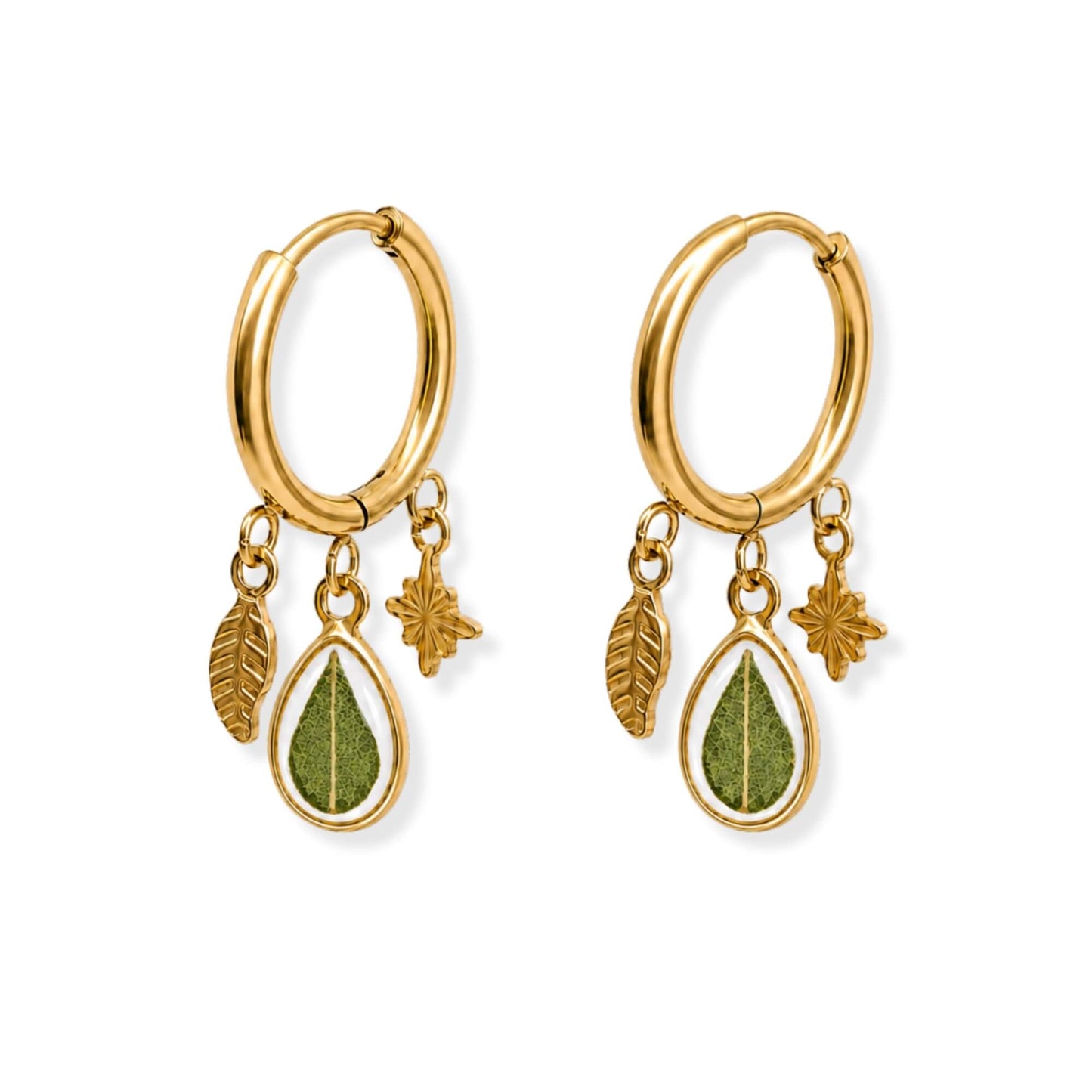 Eucalyptus Triple Charm Earrings 18K Gold