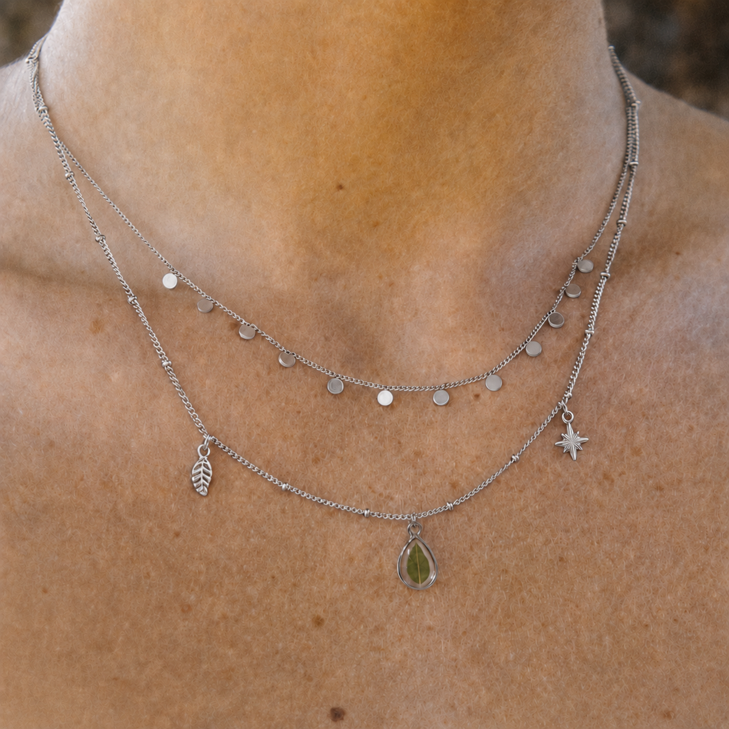 Eucalyptus Triple Charm Necklace Set Polished Steel
