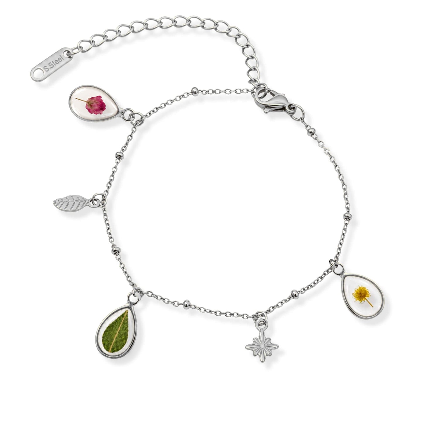 Triple Flower Charm Bracelet Polished Steel