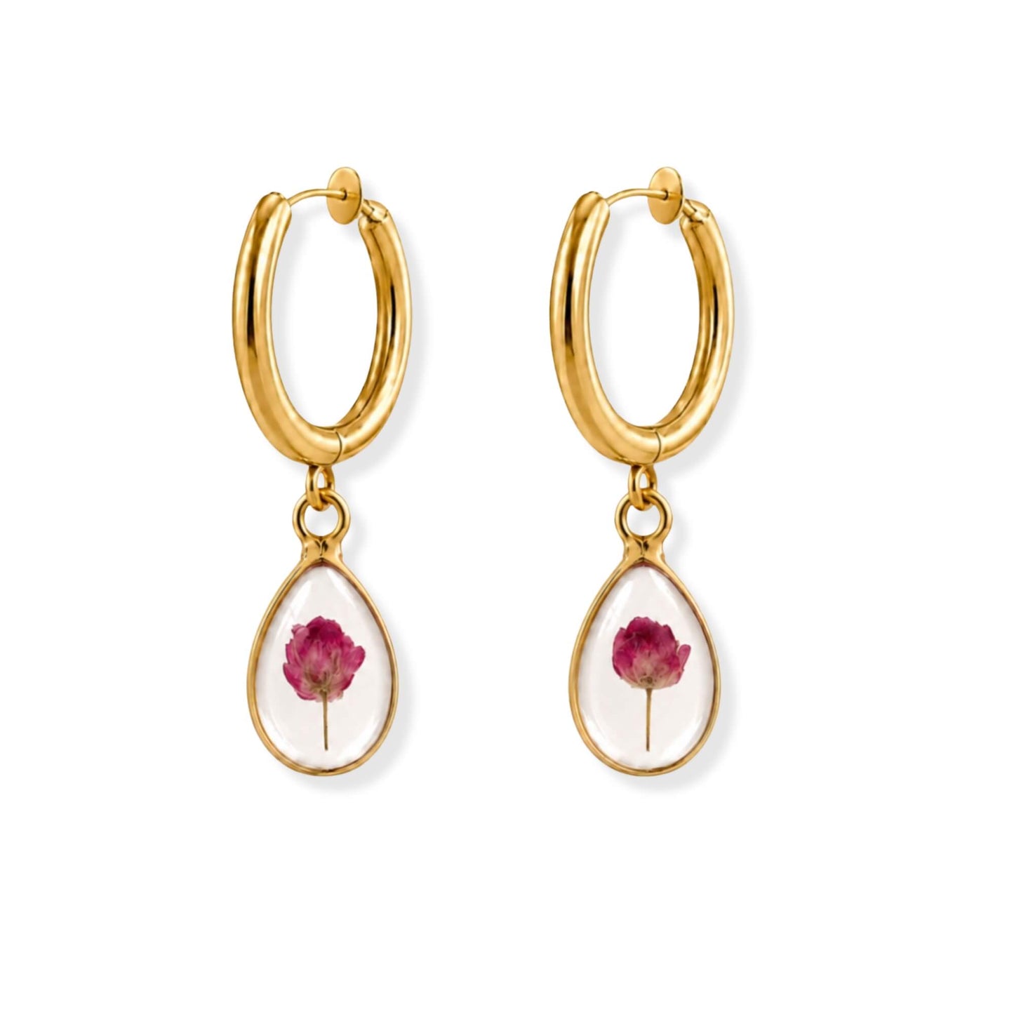 Pink Rice Flower Clip-On Hoop Earrings 18K Gold