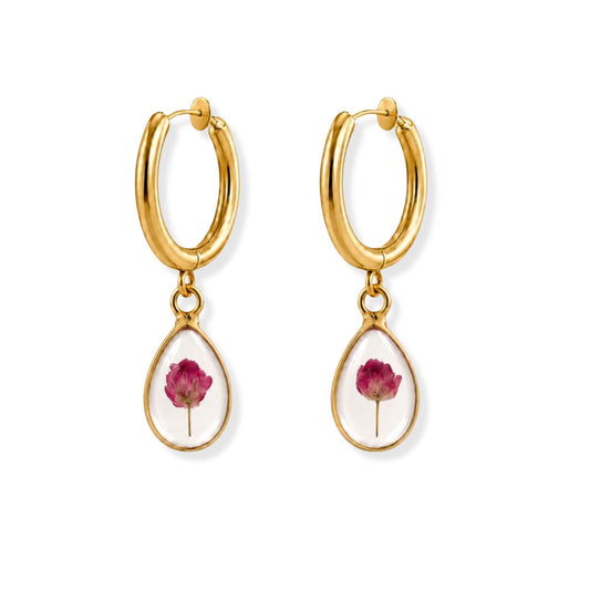 Pink Rice Flower Clip-On Hoop Earrings 18K Gold