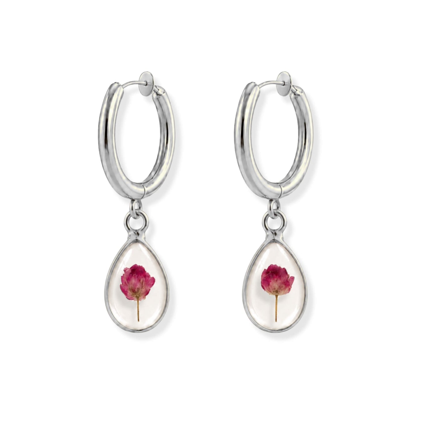 Pink Rice Flower Clip-On Hoop Earrings Polished Steel