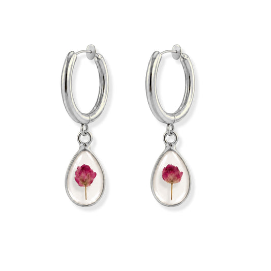 Pink Rice Flower Clip-On Hoop Earrings Polished Steel