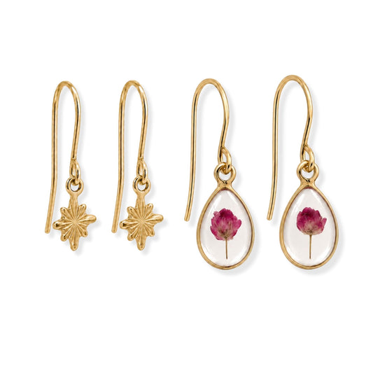 Pink Rice Flower Drop Earring Stacker Set