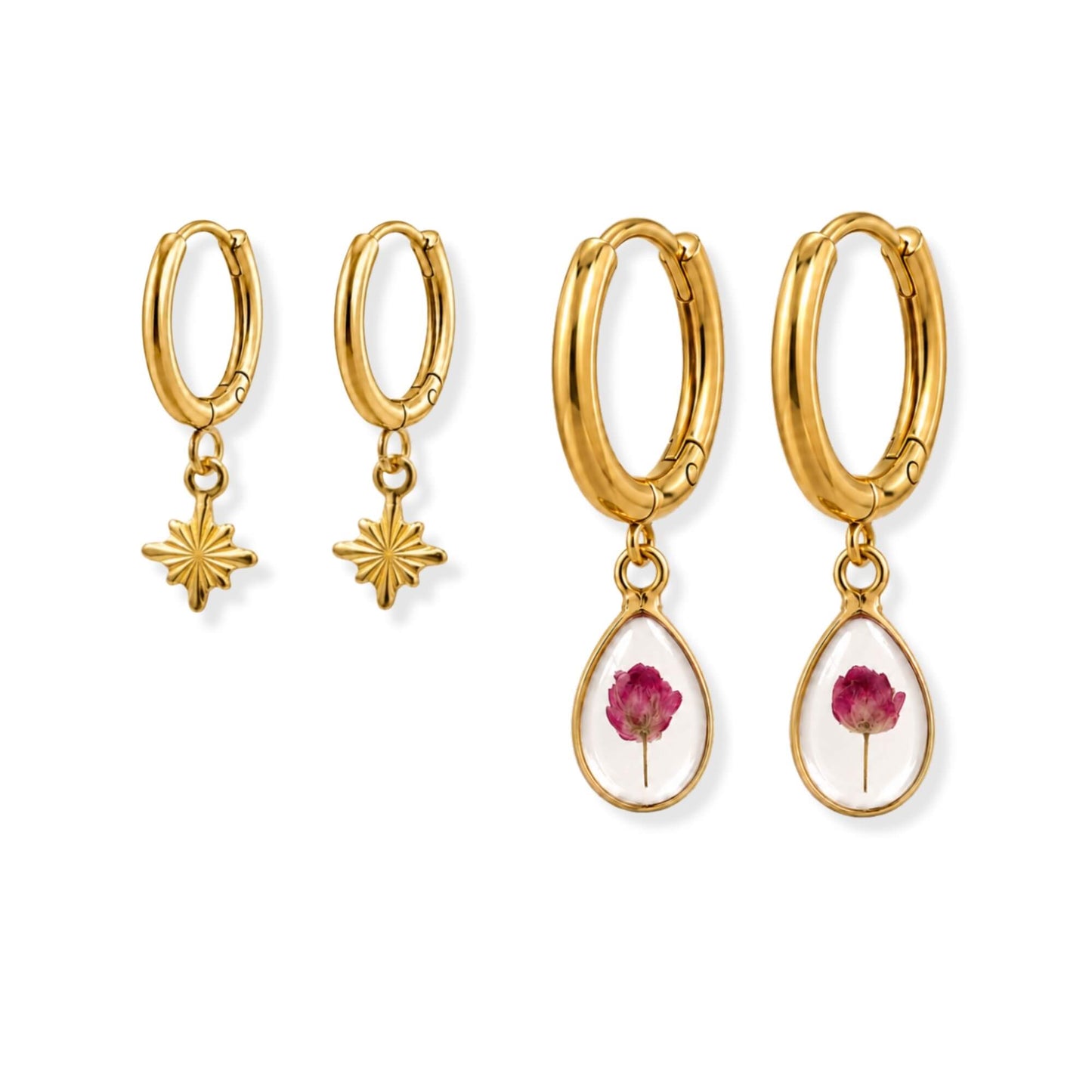 Pink Rice Flower Hoop Earring Stacker Set