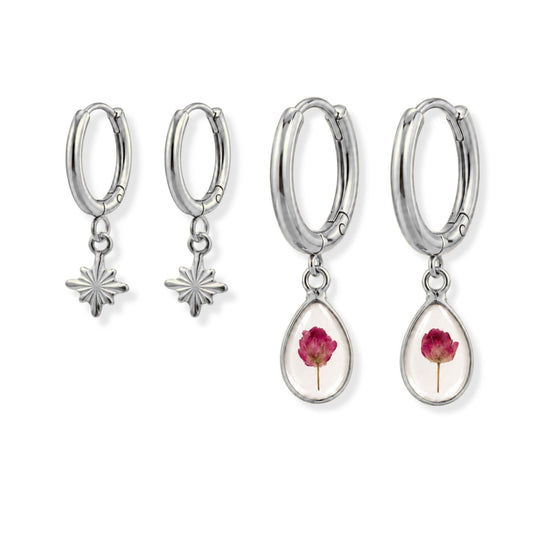 Pink Rice Flower Hoop Earring Stacker Set Polished Steel