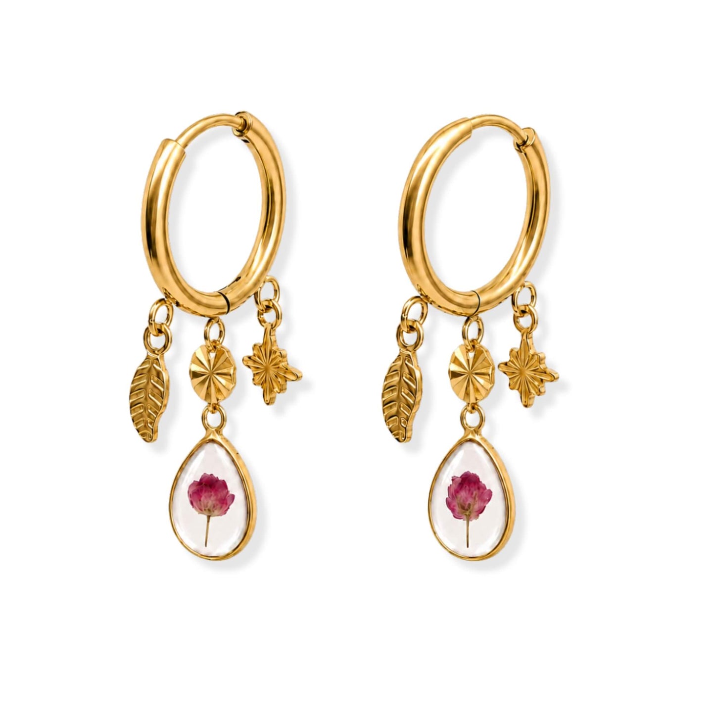Pink Rice Flower Statement Hoop Earrings 18K Gold