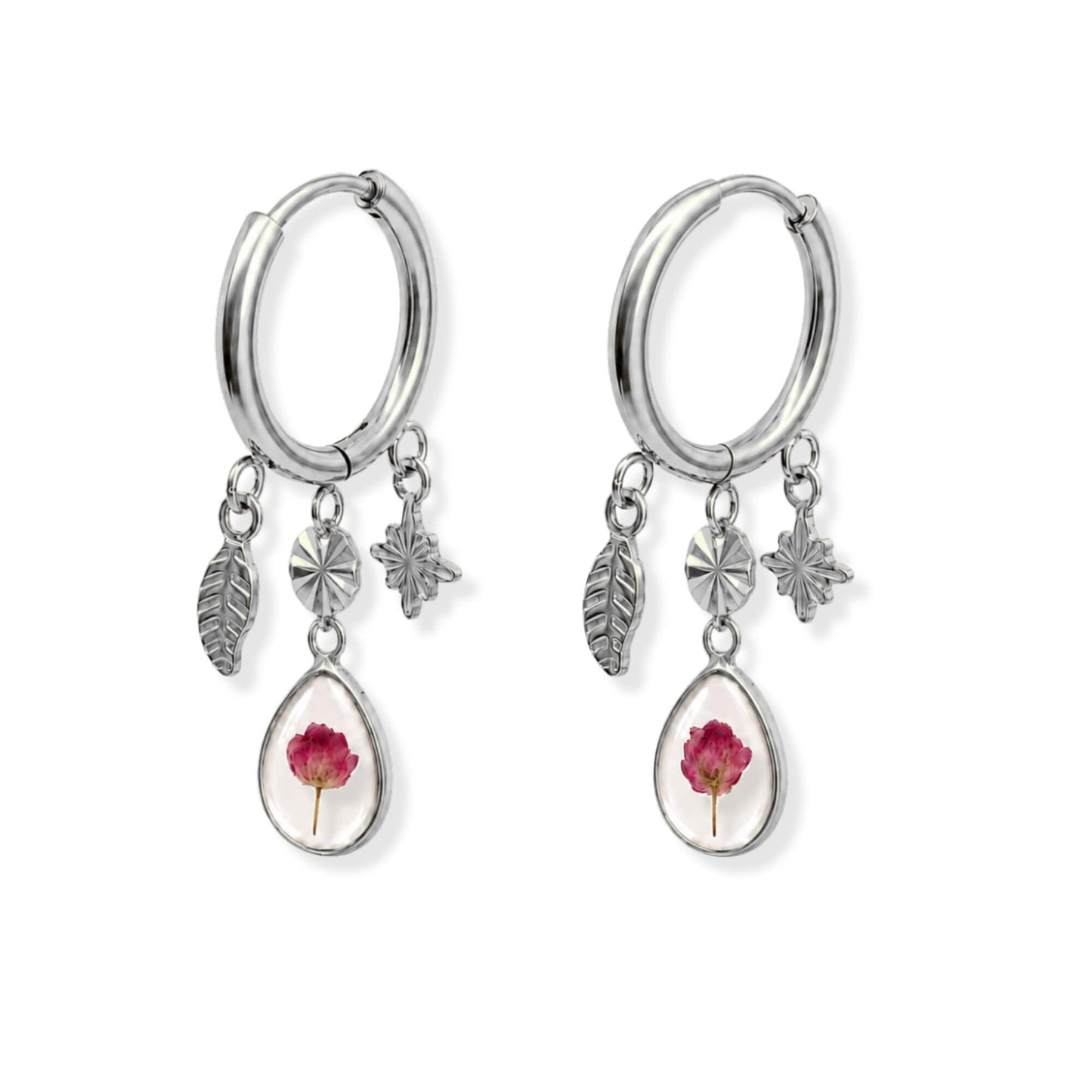 Pink Rice Flower Statement Hoop Earrings Polished Steel