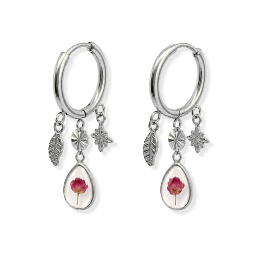 Pink Rice Flower Statement Hoop Earrings Polished Steel