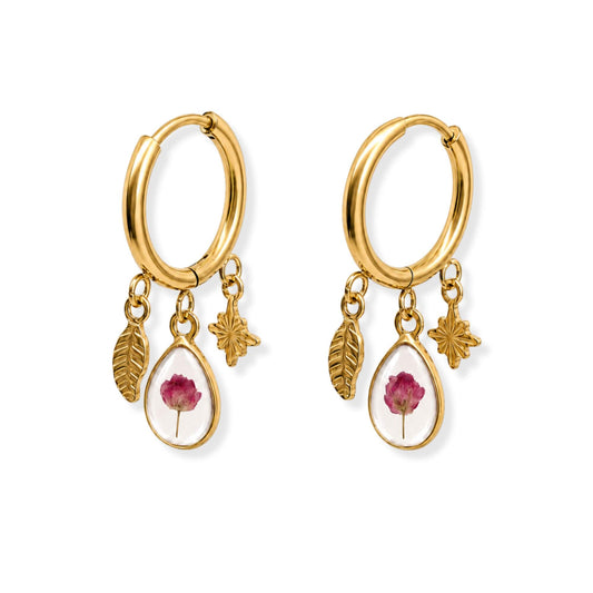 Pink Rice Flower Triple Charm Earrings 18K Gold