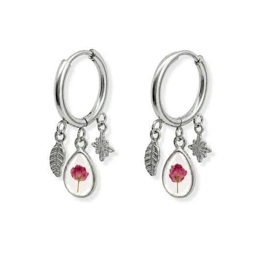 Pink Rice Flower Triple Charm Earrings Polished Steel