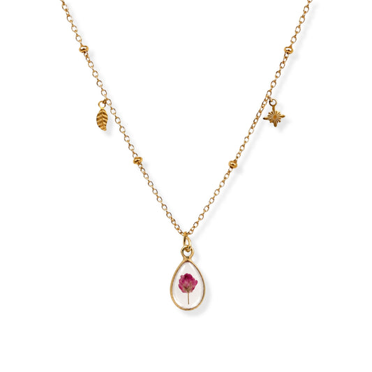 Pink Rice Flower Triple Charm Necklace 18K Gold
