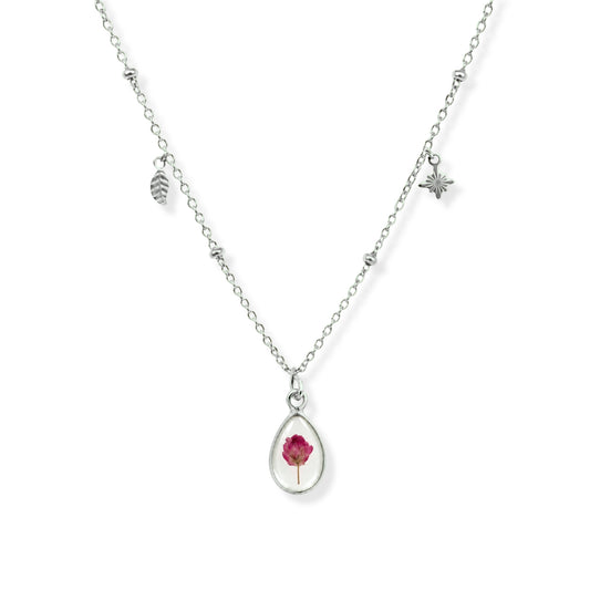 Pink Rice Flower Triple Charm Necklace Polished Steel