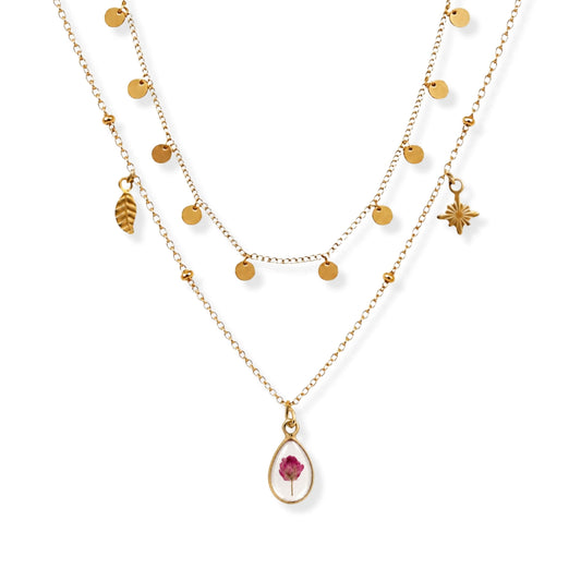 Pink Rice Flower Triple Charm Necklace Set