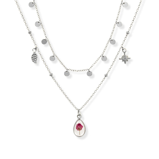Pink Rice Flower Triple Charm Necklace Set Polished Steel