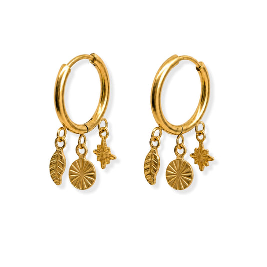 Triple Charm Hoop Earrings 18K Gold