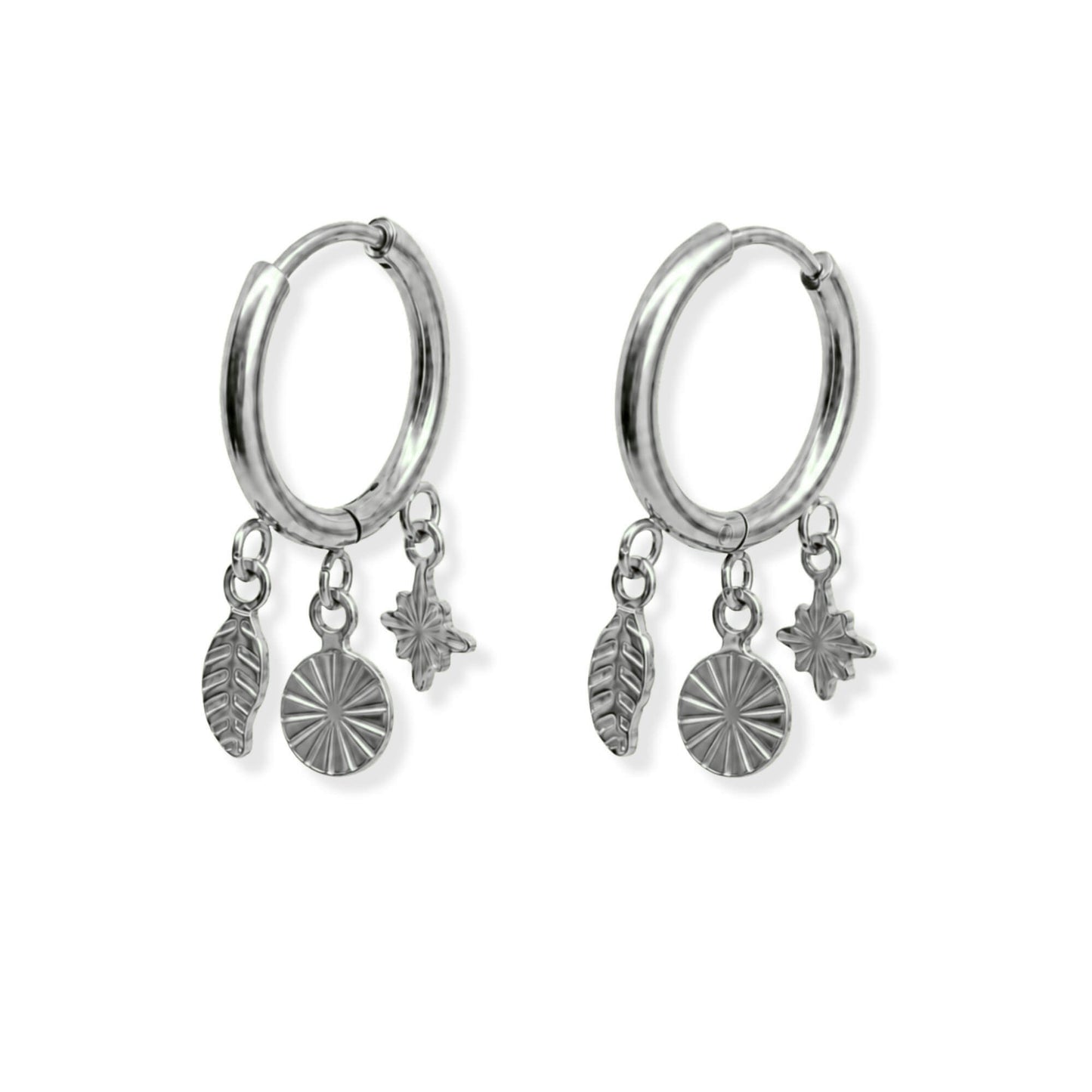 Triple Charm Hoop Earrings Polished Steel