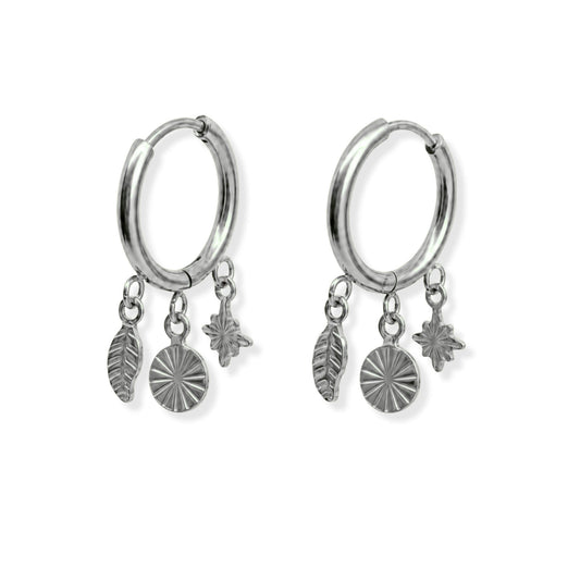 Triple Charm Hoop Earrings Polished Steel