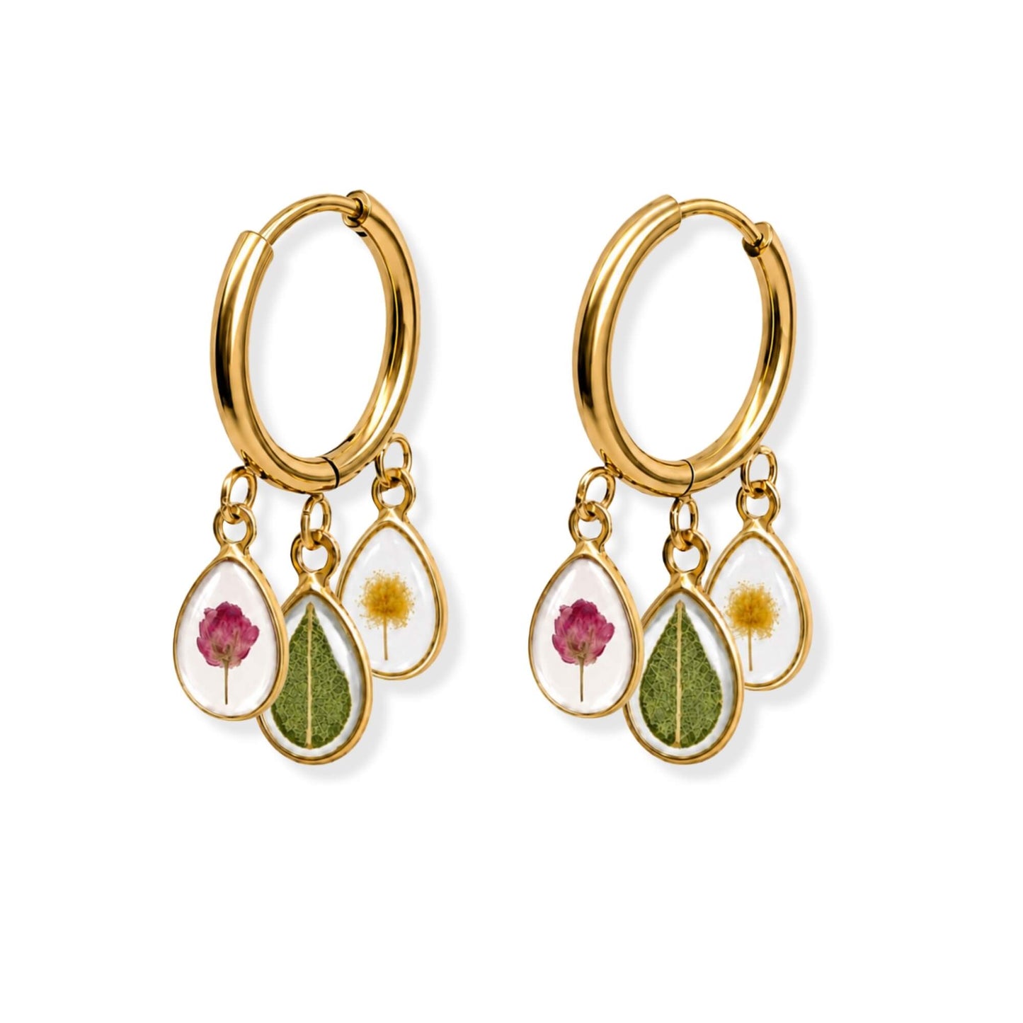 Triple Flower Charm Hoop Earrings 18K Gold