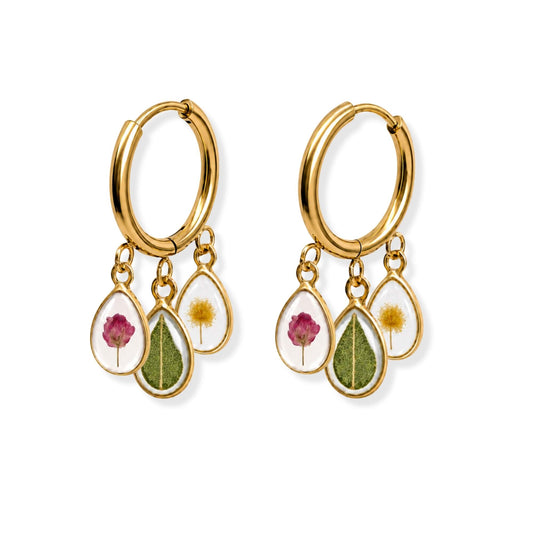 Triple Flower Charm Hoop Earrings 18K Gold