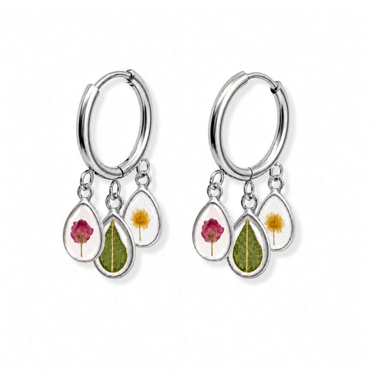 Triple Flower Charm Hoop Earrings Polished Steel