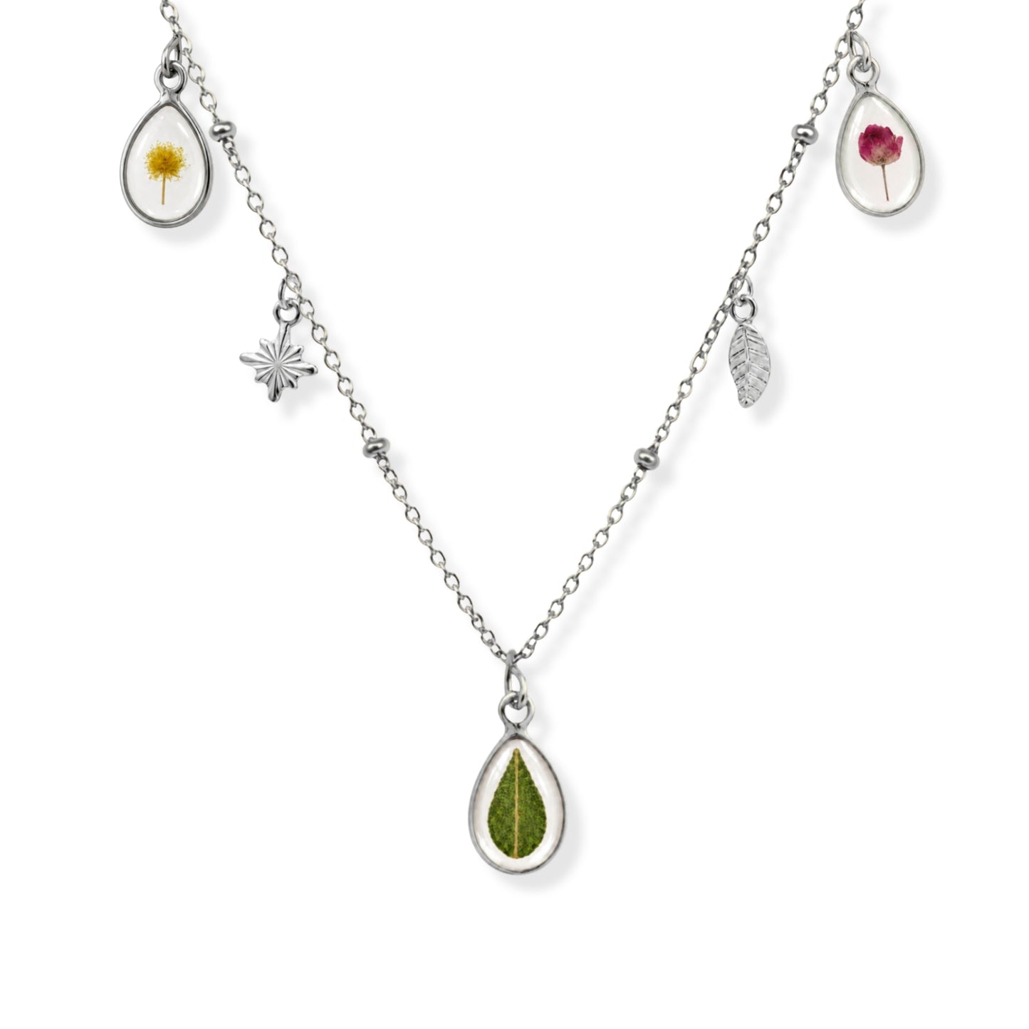 Triple Flower Charm Necklace Polished Steel