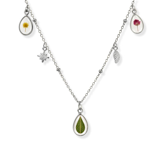Triple Flower Charm Necklace Polished Steel