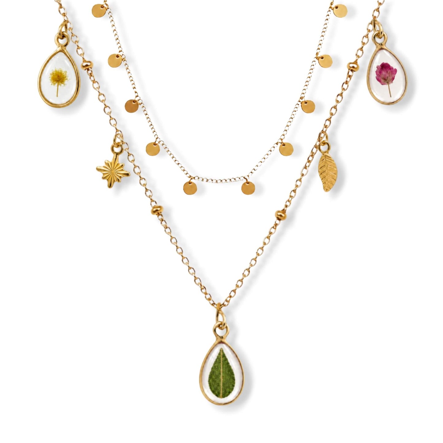 Triple Flower Charm Necklace Set 18K Gold